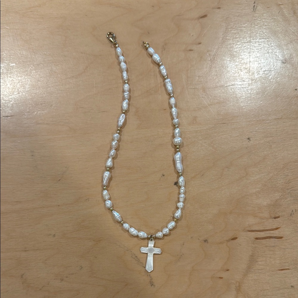 Elegant White Pearl Necklace with Cross Pendant